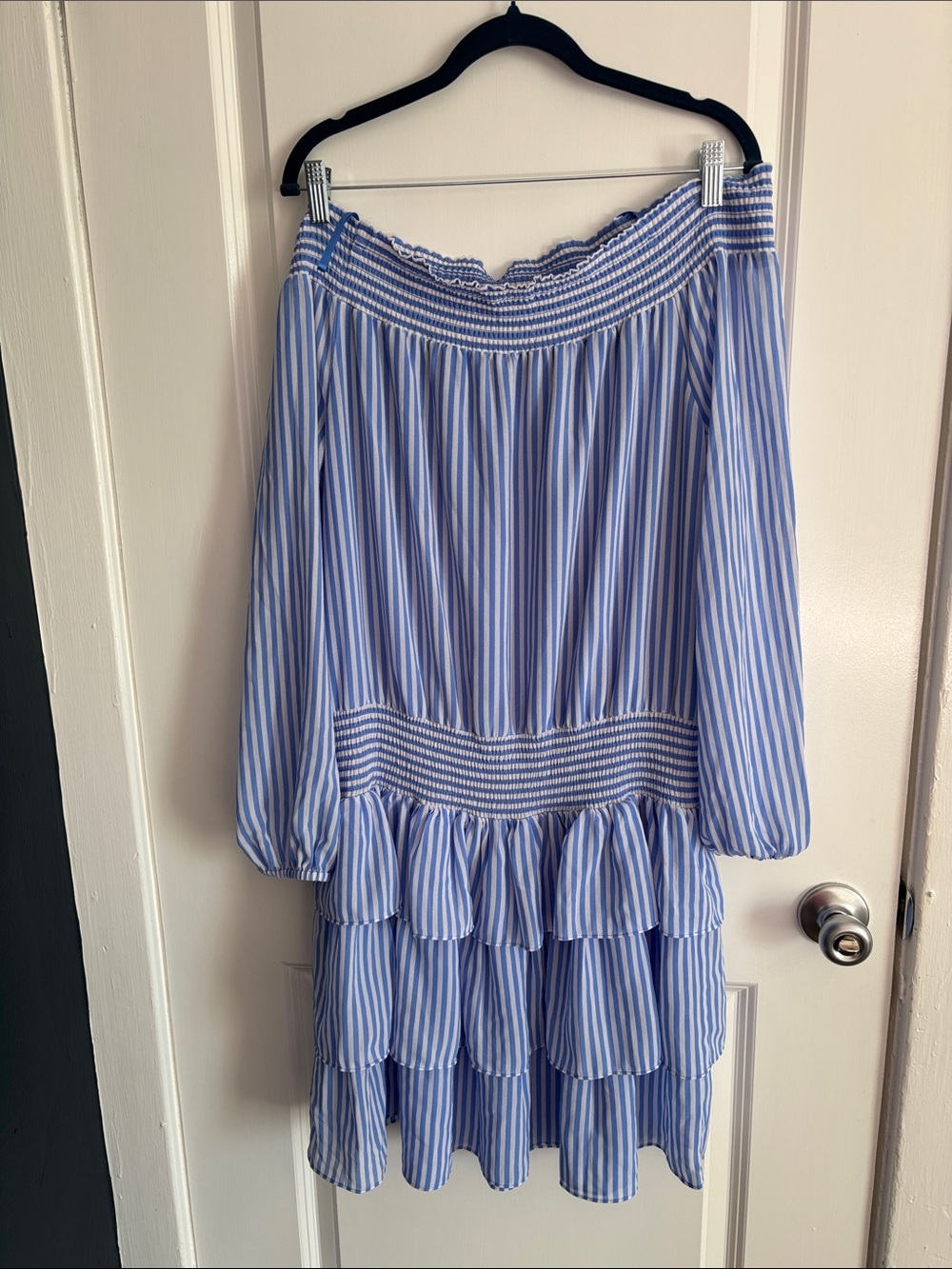 MICHAEL Michael Kors Blue and White Striped Off-Shoulder Tiered Dress